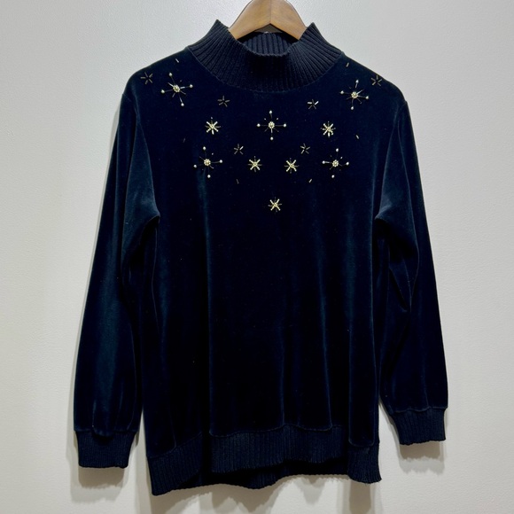 Vintage Sweaters - Vintage Summit Place Embellished Beaded Soft Velvet Sweater Shirt Top Black